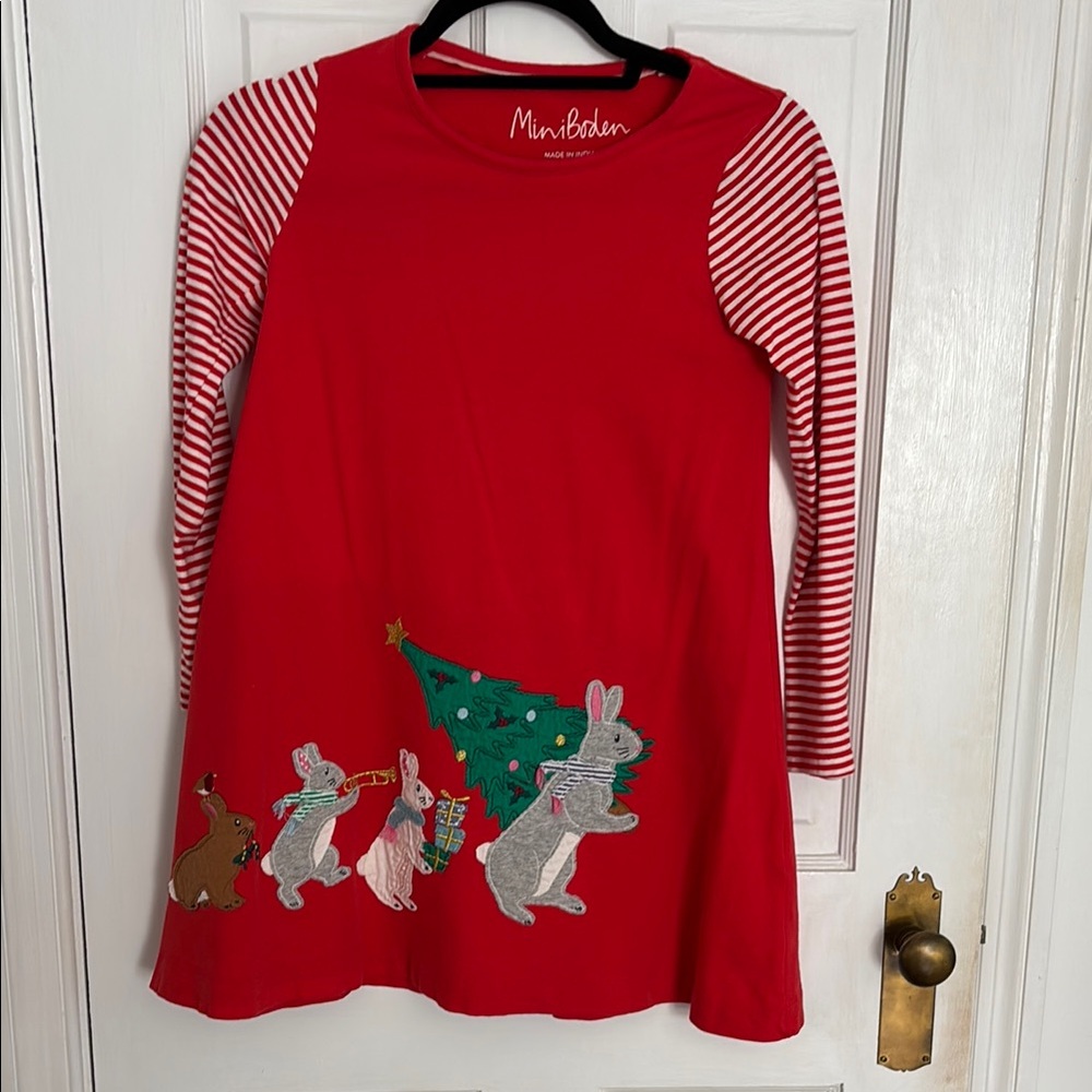 Mini Boden Christmas Red Dress with Bunny and Tree Appliqué